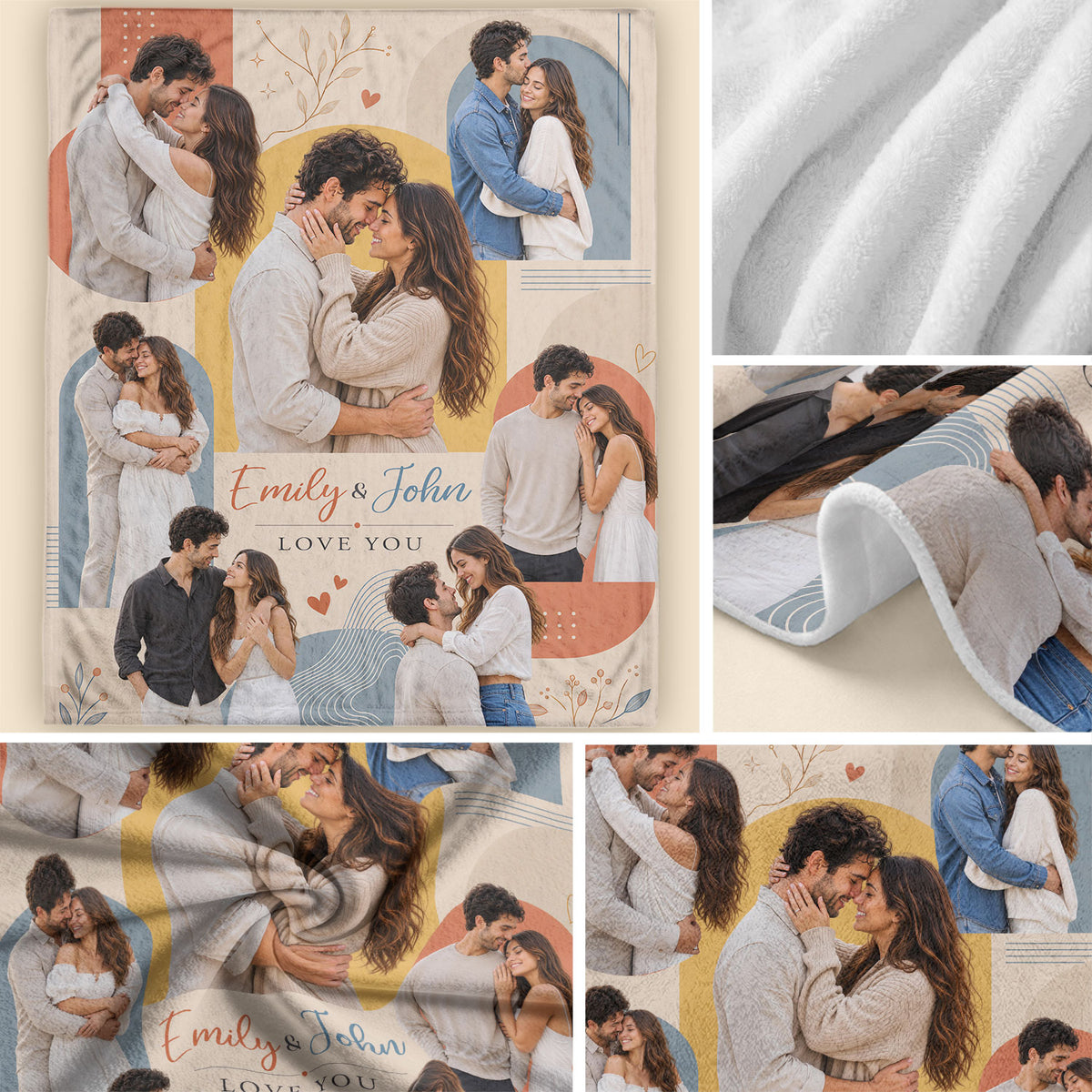 Custom Photo Blanket Collage Couple Names Date Soft Fleece Throw Boho Art Anniversary Gift