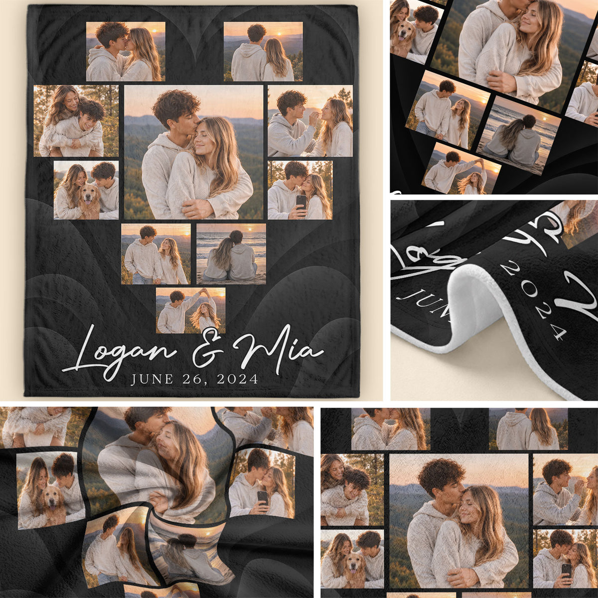 Custom Couple Photo Collage Fleece Blanket Names Date Soft Warm Bed Throw Tapestry
