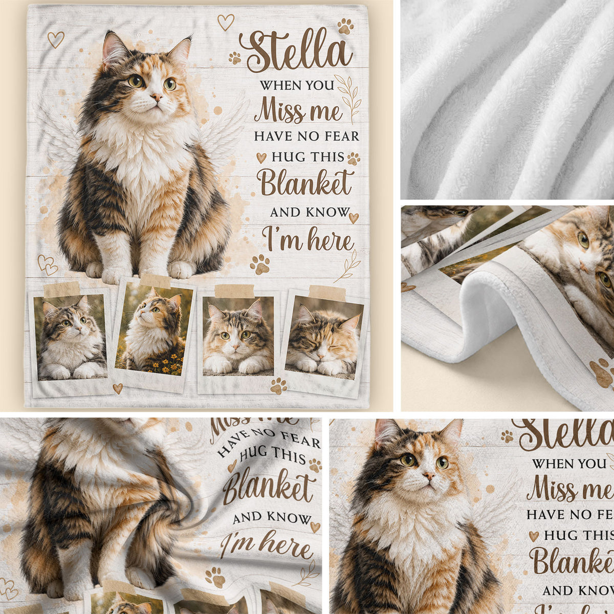 Custom Pet Cat Photo Collage Fleece Blanket Name Memory Memorial Throw Tapestry Item