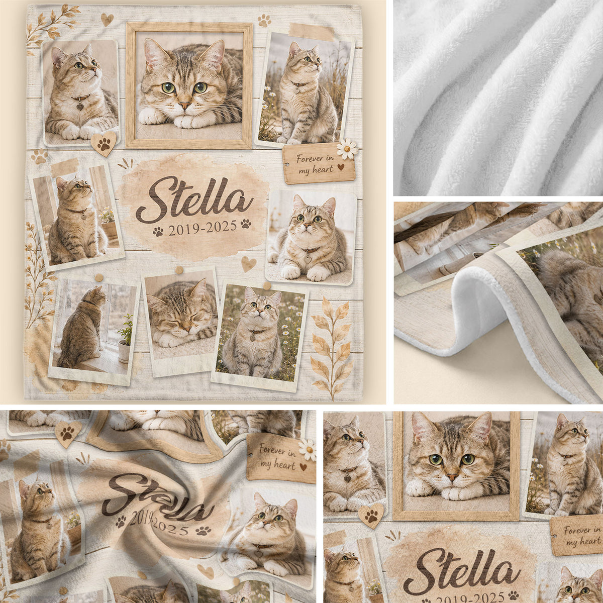 Custom Pet Cat Photo Collage Fleece Blanket Name Floral Memorial Throw Tapestry Item