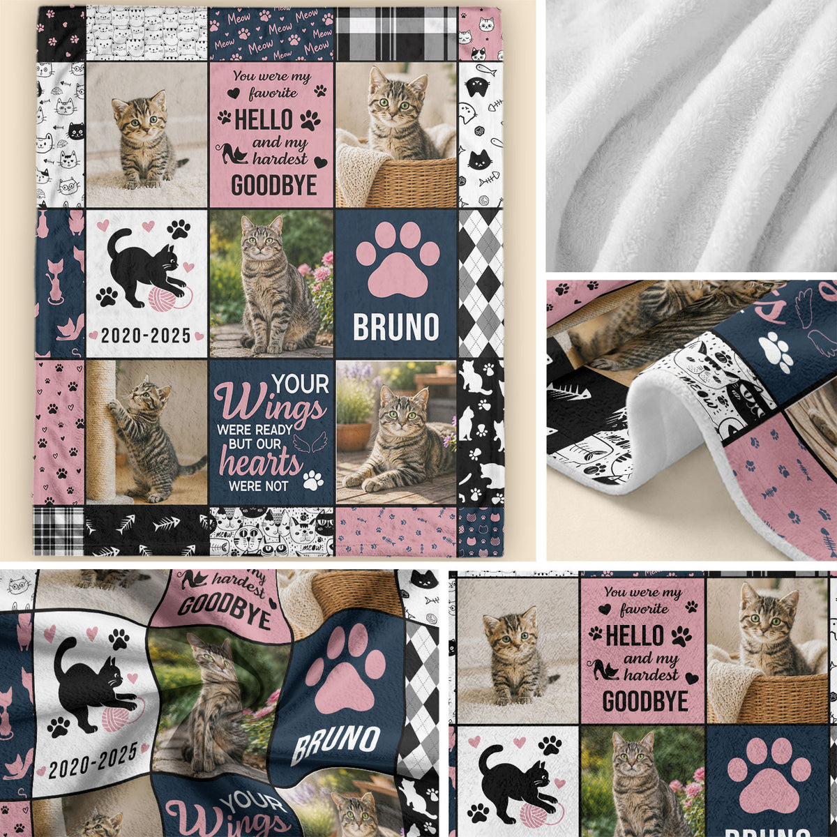 Custom Pet Cat Photo Collage Fleece Blanket Name Memorial Throw Tapestry Component Item