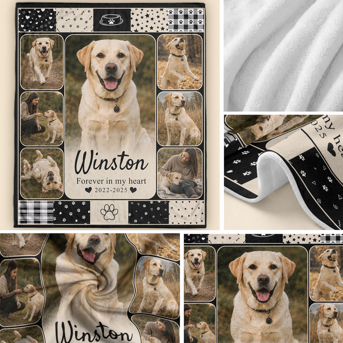 Custom Pet Dog Photo Collage Fleece Blanket Name Memory Memorial Throw Tapestry Item