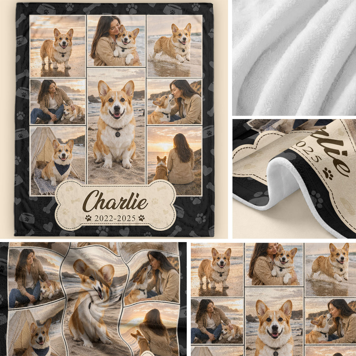 Custom Puppy Dog Photo Collage Fleece Blanket Name Memory Memorial Throw Tapestry Piece