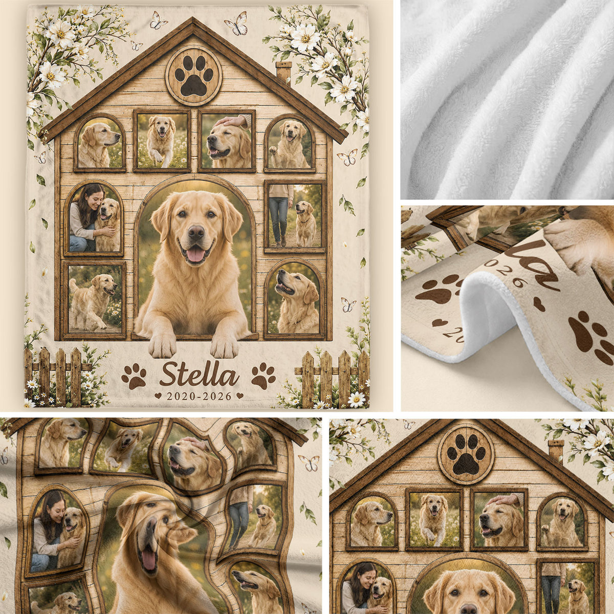 Custom Pet Dog Photo Collage Fleece Blanket Name Floral Memorial Throw Tapestry Item
