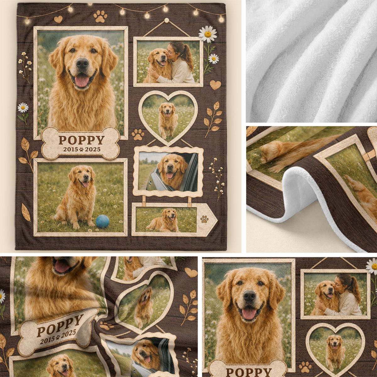 Custom Puppy Dog Photo Collage Fleece Blanket Name Floral Memorial Throw Tapestry Item