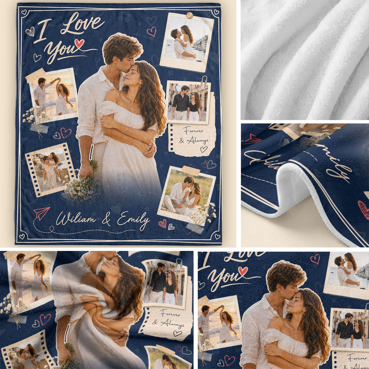 Custom Couple Photo Collage Fleece Blanket Names Text Romantic Throw Tapestry Item