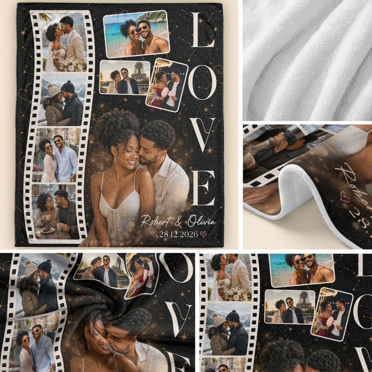 Custom Personal Photo Collage Couple Fleece Blanket Names Date Love Throw Tapestry