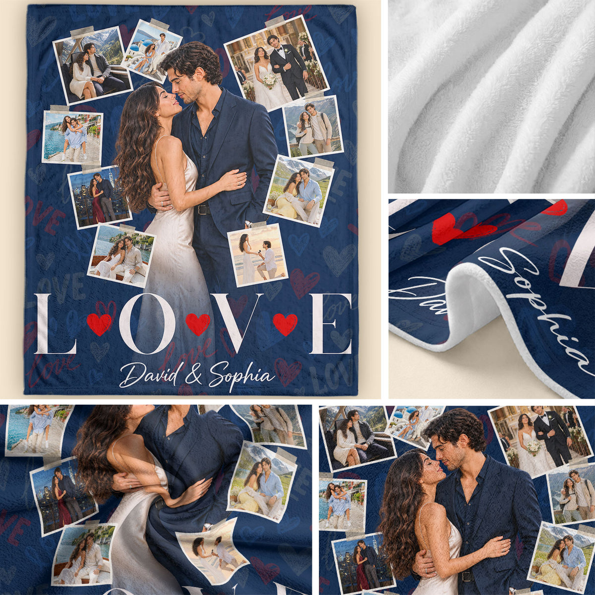 Custom Romantic Photo Collage Couple Fleece Blanket Names Text Throw Tapestry Item