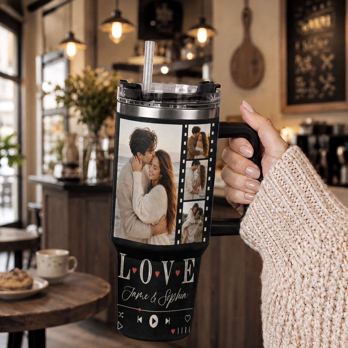 Custom Couple Photo Collage Tumbler Names Text Insulated Travel Mug Handle Cup Item