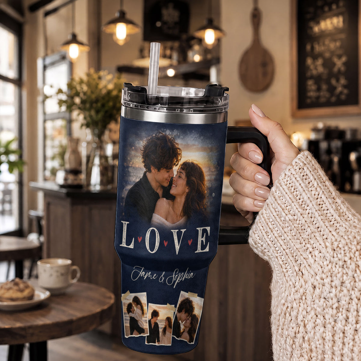 Custom Couple Photo Collage Tumbler Names Text Insulated Beverage Mug Handle Cup Piece