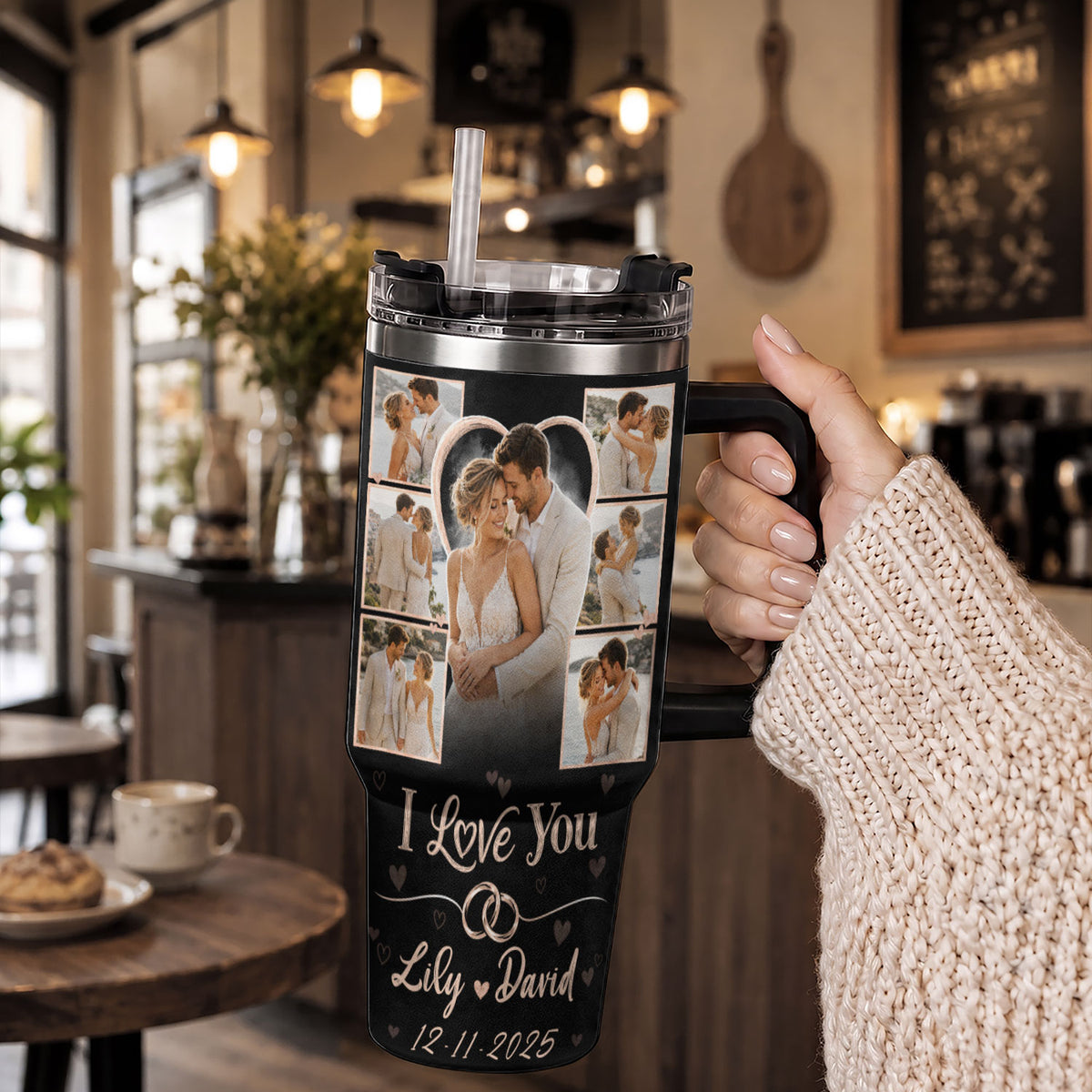 Custom Romantic Photo Collage Couple Tumbler Names Text Insulated Beverage Mug Handle