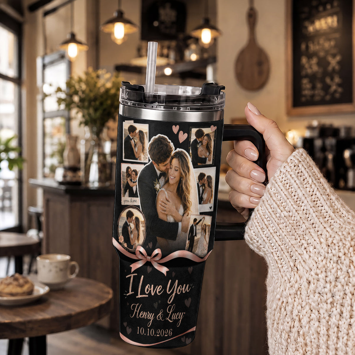 Custom Personal Photo Collage Couple Tumbler Names Text Insulated Beverage Mug Handle Cup