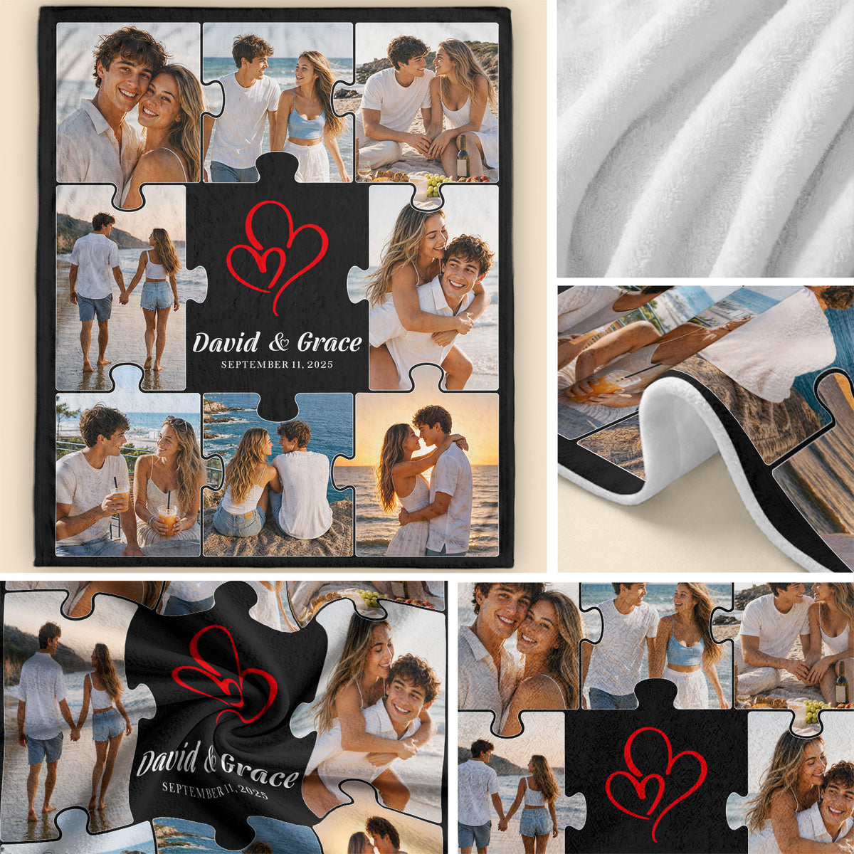 Custom Couple Jigsaw Photo Collage Fleece Blanket Text Throw Tapestry Component Item