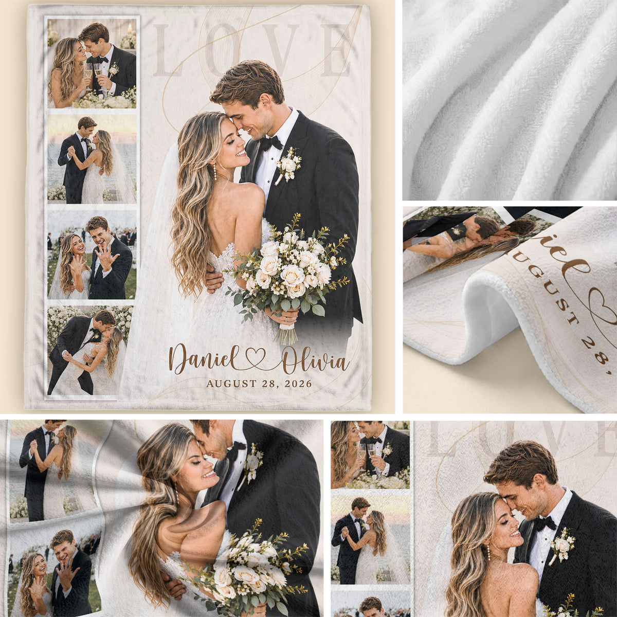 Custom Couple Wedding Photo Collage Fleece Blanket Names Date Throw Tapestry Piece