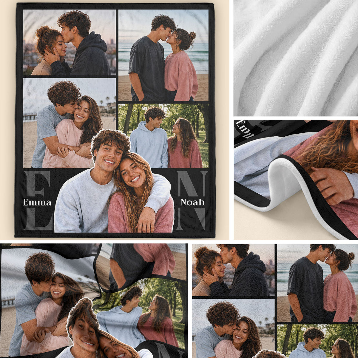 Custom Couple Photo Collage Fleece Blanket Names Typography Throw Tapestry Component