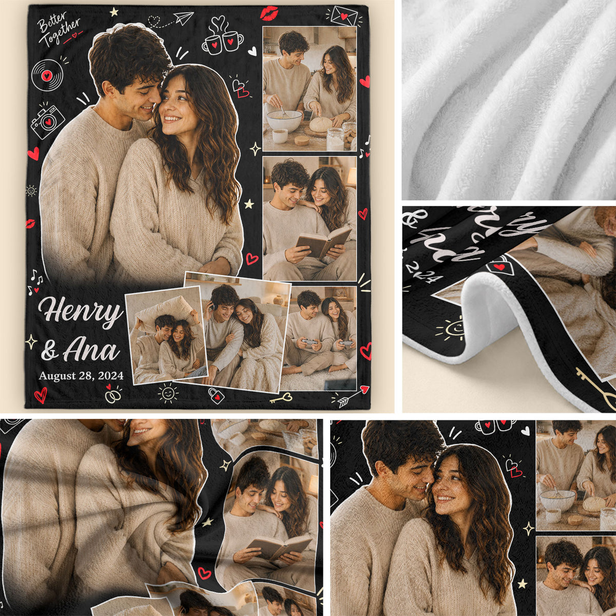 Custom Couple Photo Collage Fleece Blanket Names Date Throw Tapestry Component Item