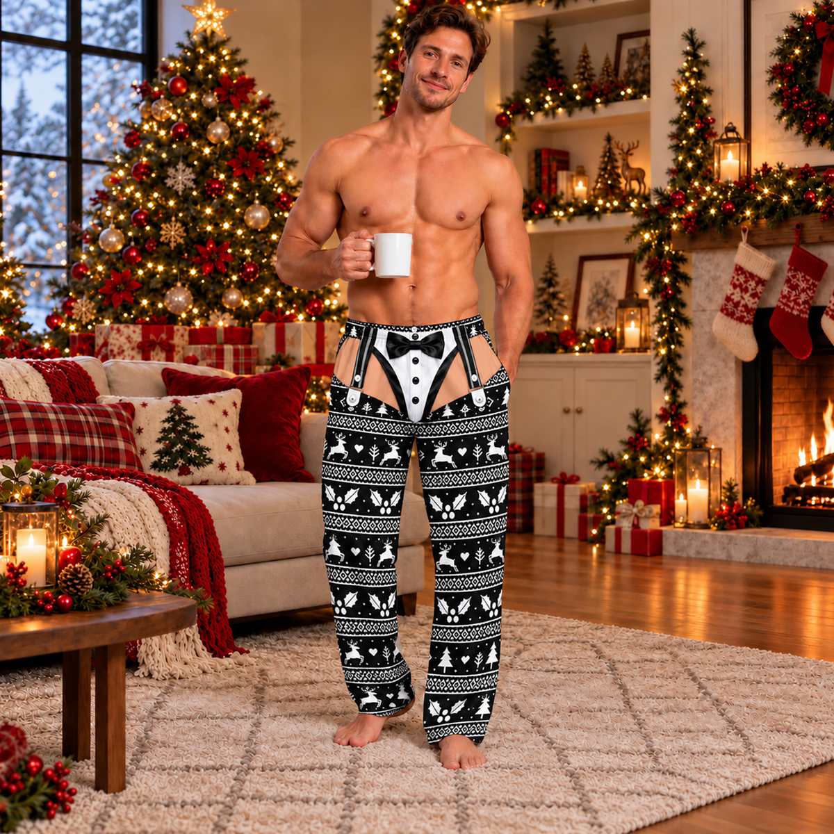 Funny Mens Pajama Pants with Christmas Tuxedo, Custom Pajamas for Festive Parties, Stylish Gag Gifts and Christmas Pajamas for Nights, Pallyprints Co.