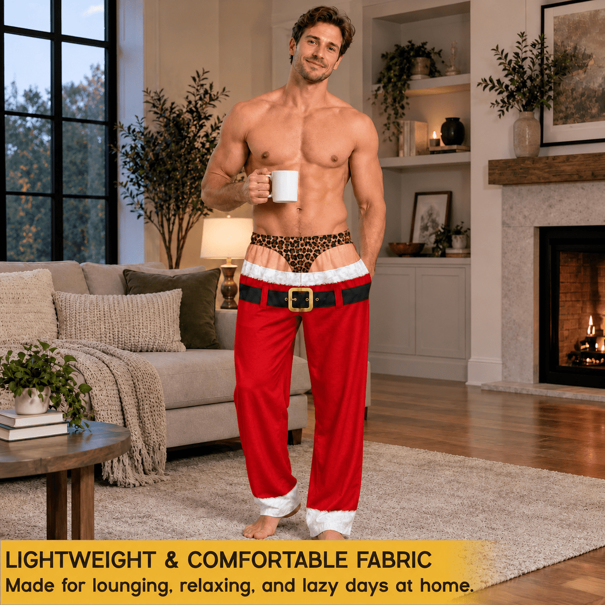 Funny Mens Pajama Pants with Leopard Santa, Custom Pajamas for Festive Lounging, Bold Gag Gifts and Christmas Pajamas for Cozy Nights, Pallyprints Co.