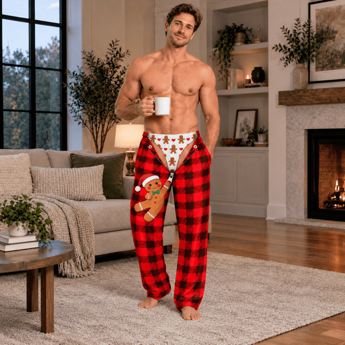 Funny Mens Pajama Pants with Gingerbread Plaid, Custom Pajamas for Cozy Lounging, Gag Gifts and Cozy Festive Christmas Pajamas, Pallyprints Co.