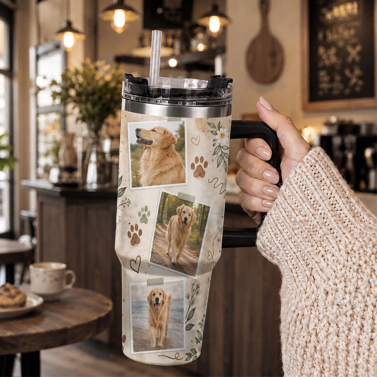 Custom Pet Photo Tumbler with Handle Personalised Dog Portrait Gifts for Dog Lover