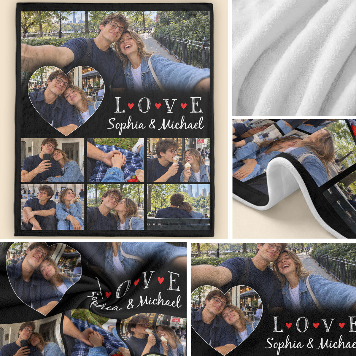 Custom Photo Collage Fleece Blanket Couple Love Heart Picture Throw Warm Bed Spreads