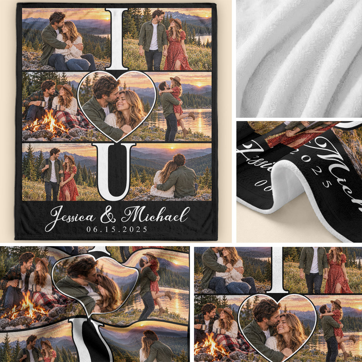 Custom Photo Collage Fleece Blanket Couple Love Heart Picture Throw Warm Bedding Cover