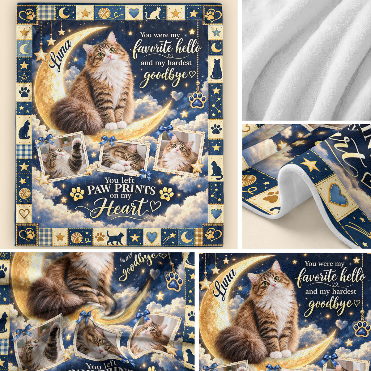 Custom Name Cat Memorial Photo Blanket Crescent Moon Celestial Wall Hanging Banner