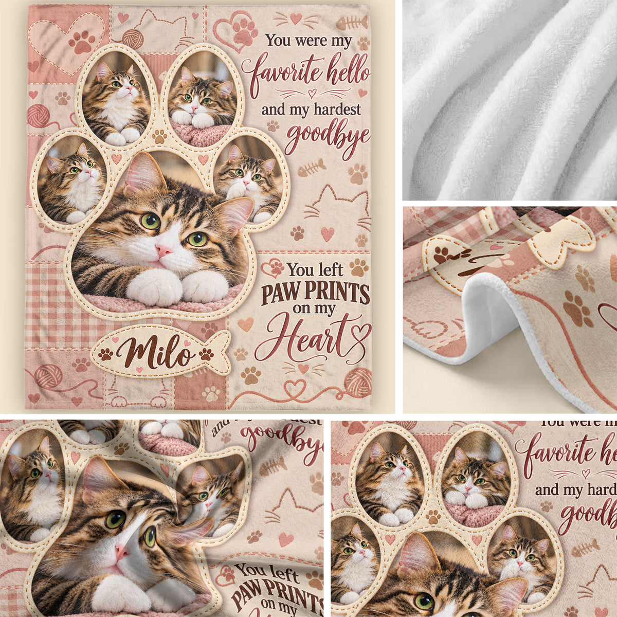 Custom Name Cat Memorial Photo Blanket Paw Print Frame Wall Hanging Display Banner