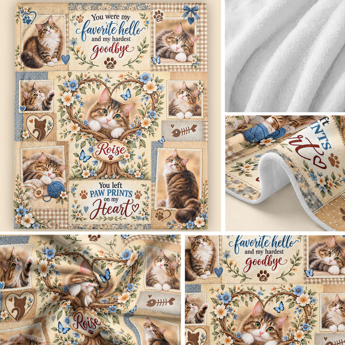 Custom Name Cat Memorial Photo Blanket Heart Tree Life Floral Wall Hanging Banner