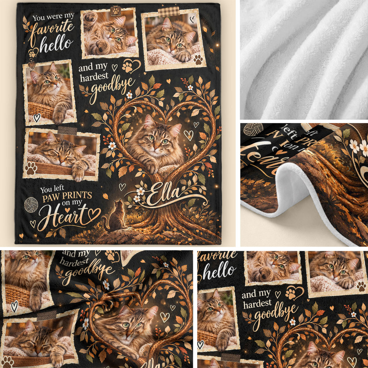 Custom Name Cat Memorial Photo Blanket Heart Tree Leaves Wall Hanging Display Banner
