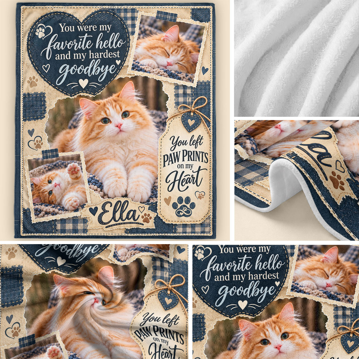 Custom Name Cat Memorial Photo Blanket Denim Patchwork Heart Wall Hanging Banner