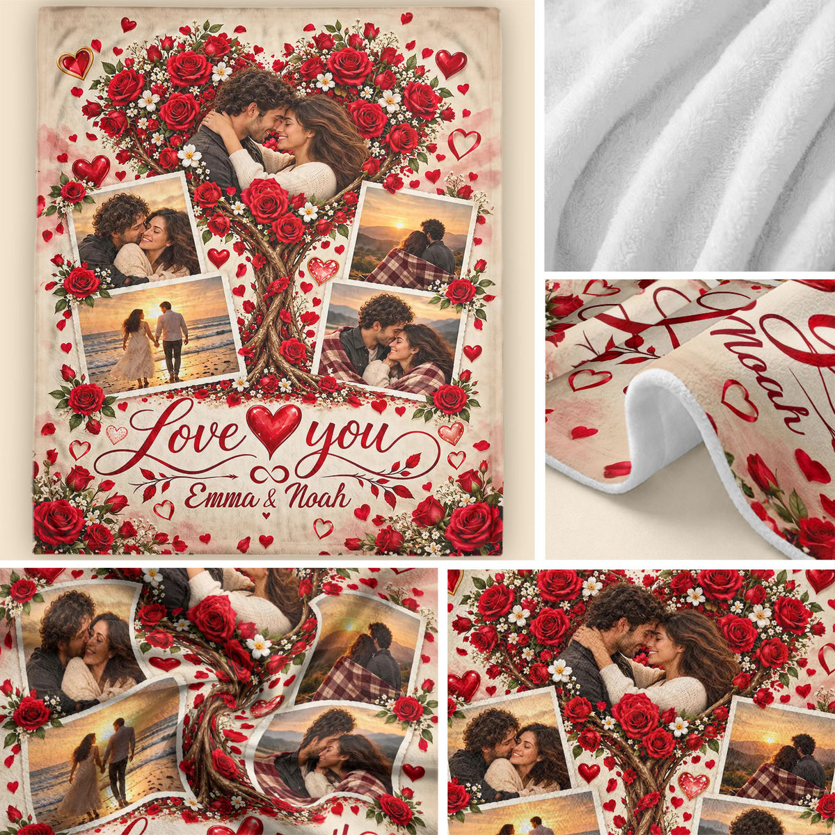 Custom Photo Collage Blanket Love Heart Tree Roses Soft Fleece Throw Bedding Sheet Mat