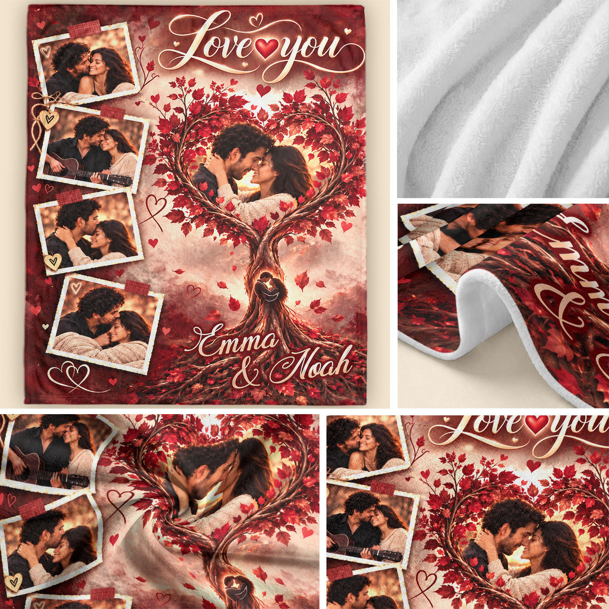 Custom Photo Collage Blanket Heart Maple Tree Autumn Leaves Soft Fleece Throw Cover Mat