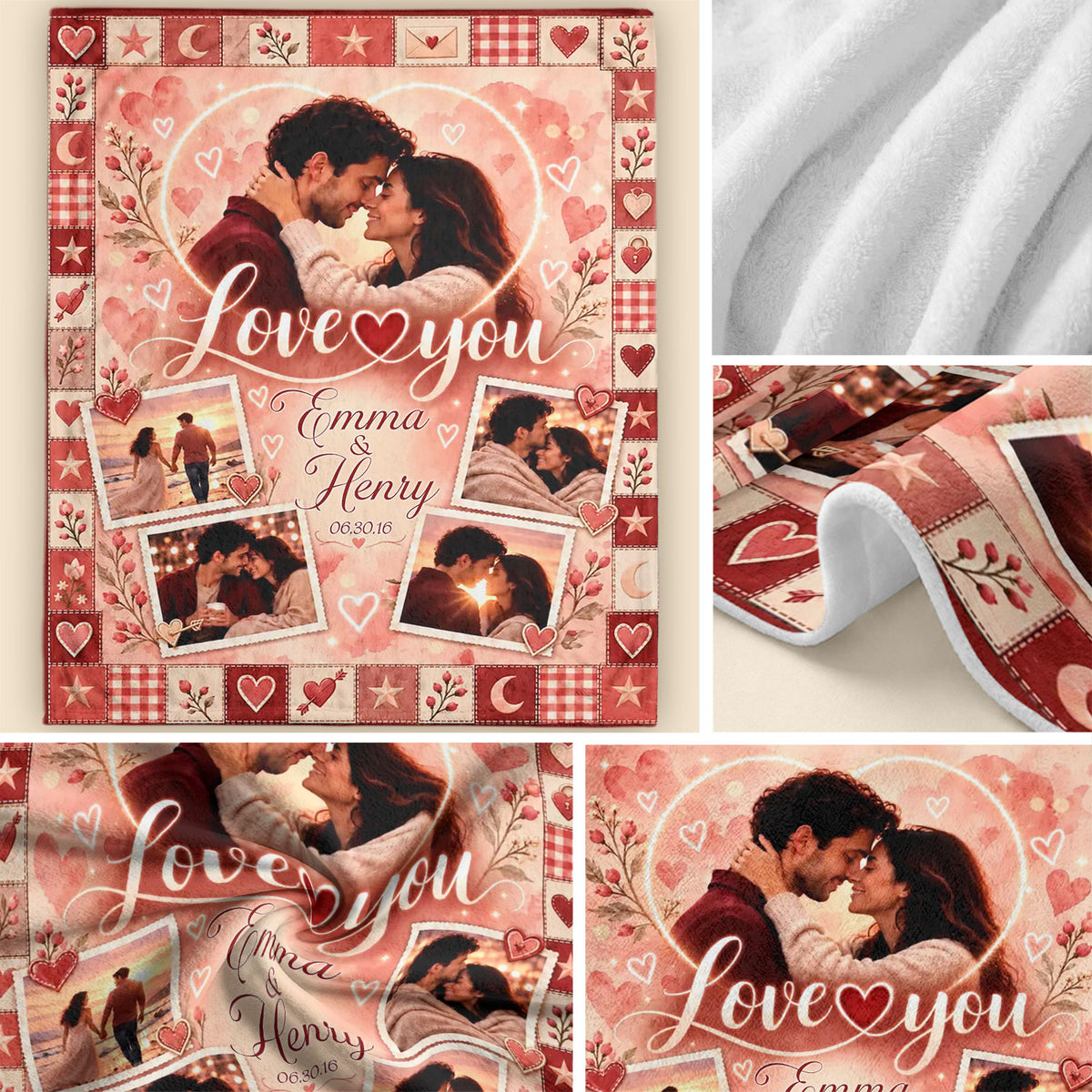 Custom Photo Collage Blanket Heart Patchwork Border Fleece Throw Bedding Sheet Mat
