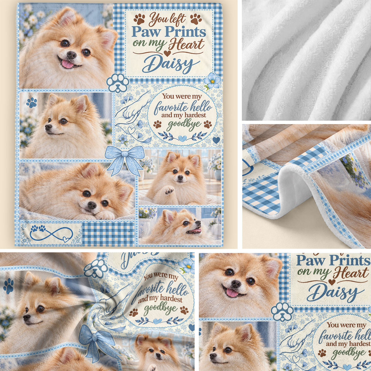 Custom Dog Memorial Photo Collage Gingham Ribbon Bow Paw Print Fleece Throw Blanket