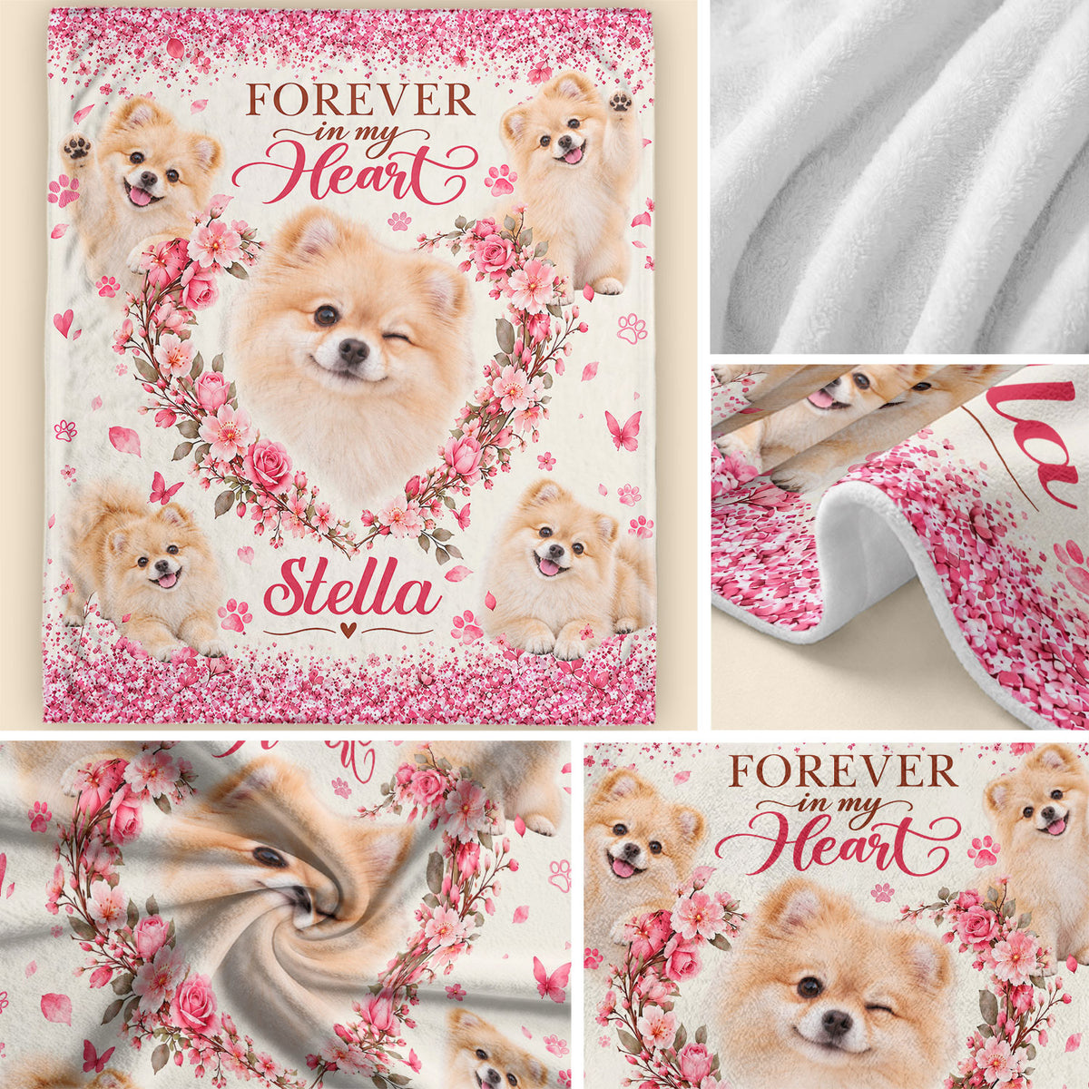 Custom Dog Memorial Photo Collage Rose Floral Heart Paw Print Fleece Throw Blanket
