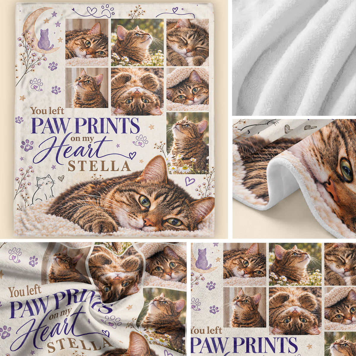 Custom Pet Memorial Blanket Photo Collage Cat Paw Prints On My Heart Soft Fleece