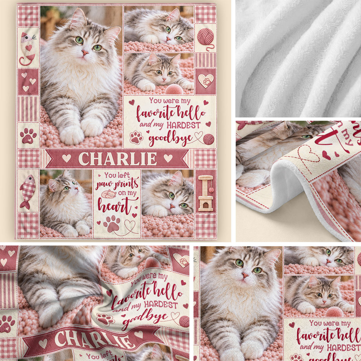 Custom Pet Memorial Blanket Photo Cat Favorite Hello Hardest Goodbye Fleece Throw