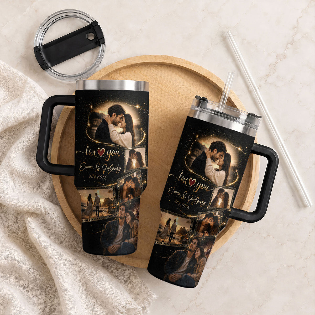 Custom Couple Photo Collage Tumbler Names Date Insulated Thermal Mug Cup Lid Top