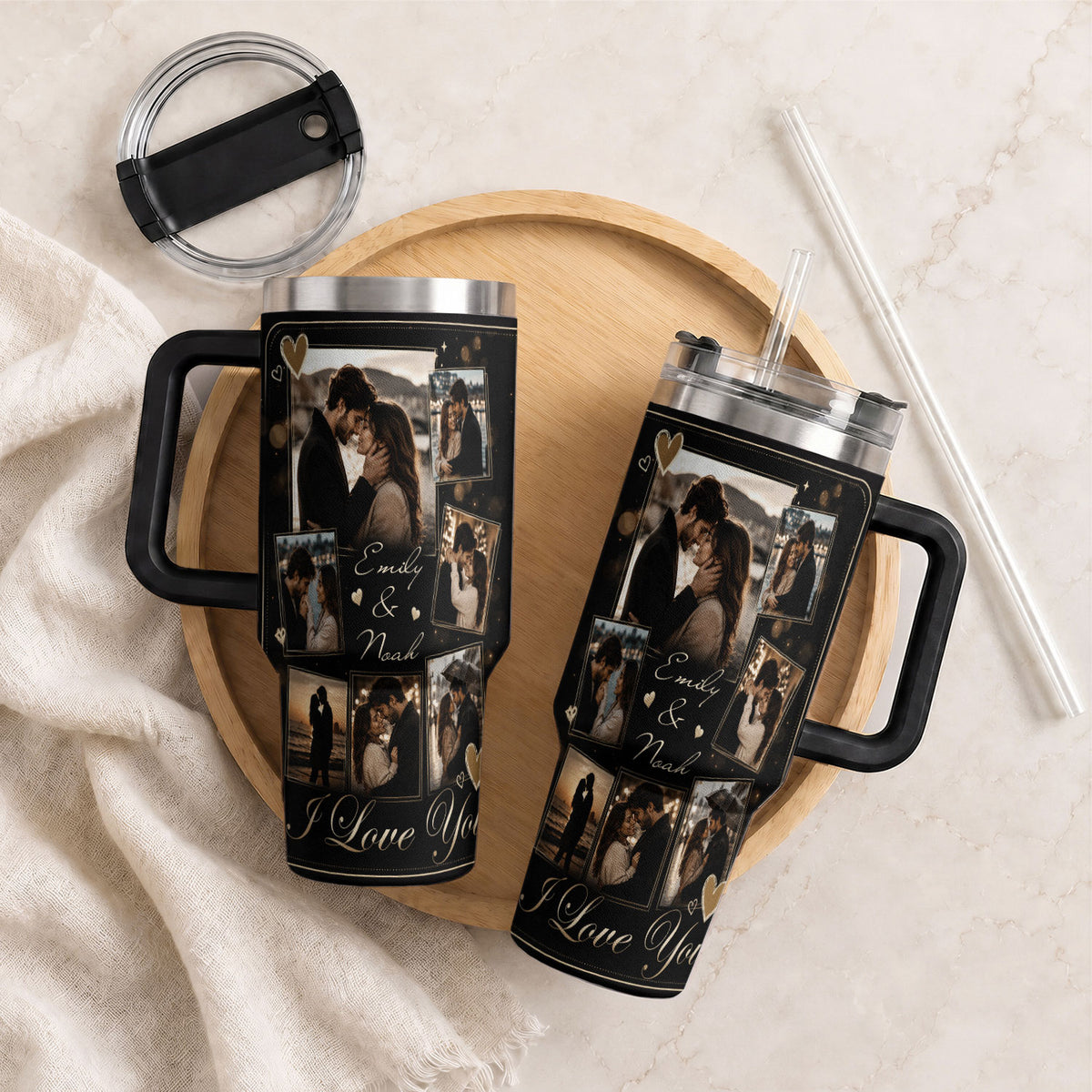 Custom Couple Memory Collage Tumbler Names Date Insulated Drinkware Cup Lid Piece