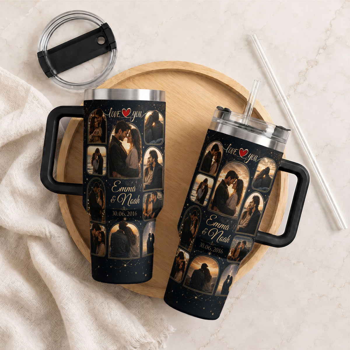 Custom Romantic Photo Collage Tumbler Names Date Thermal Drinkware Cup Lid Piece