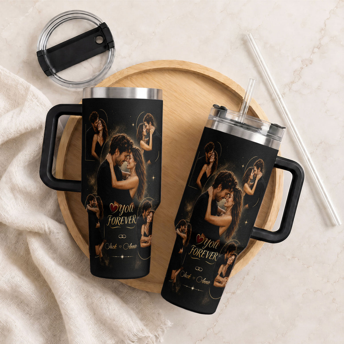 Custom Couple Forever Photo Collage Tumbler Names Date Thermal Drinkware Cup Lid Item