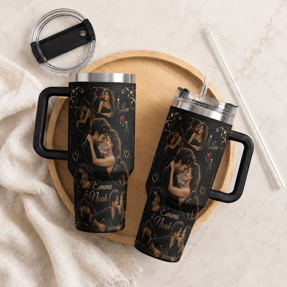 Custom Couple Love Photo Collage Tumbler Names Thermal Drinkware Cup Lid Piece Item