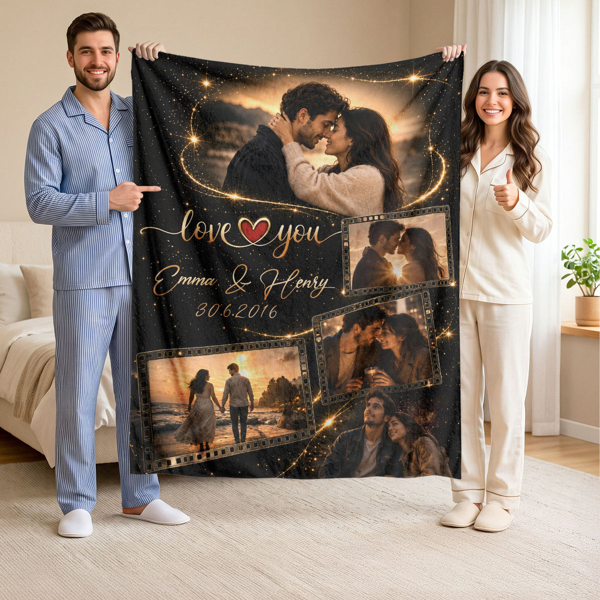 Custom Couple Photo Blanket Picture Collage Film Roll Soft Fleece Throw Anniversary Gift
