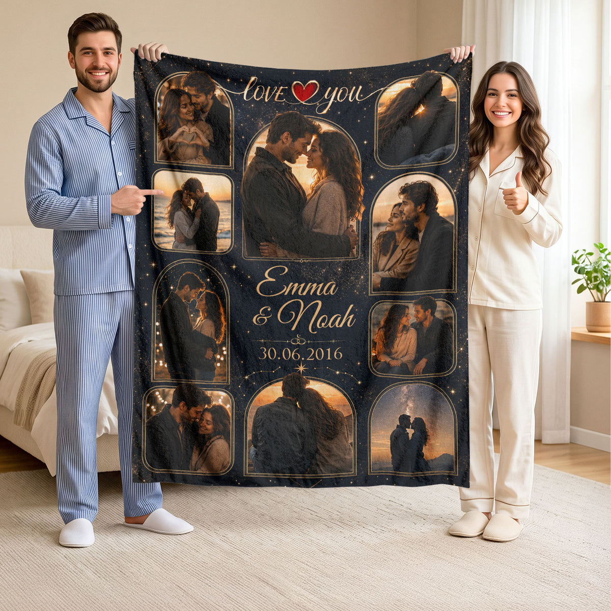 Custom Photo Blanket Collage Couple Names Date Heart Soft Fleece Throw Romantic Love Gift