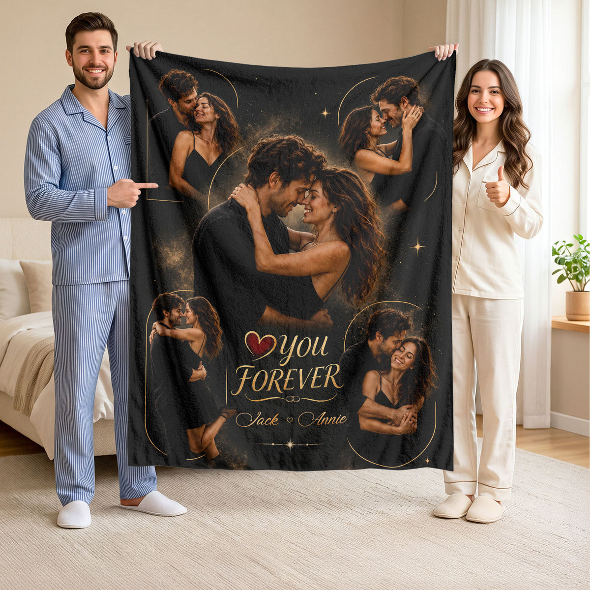 Custom Photo Blanket Collage Couple Names Love You Forever Soft Fleece Romantic Gift