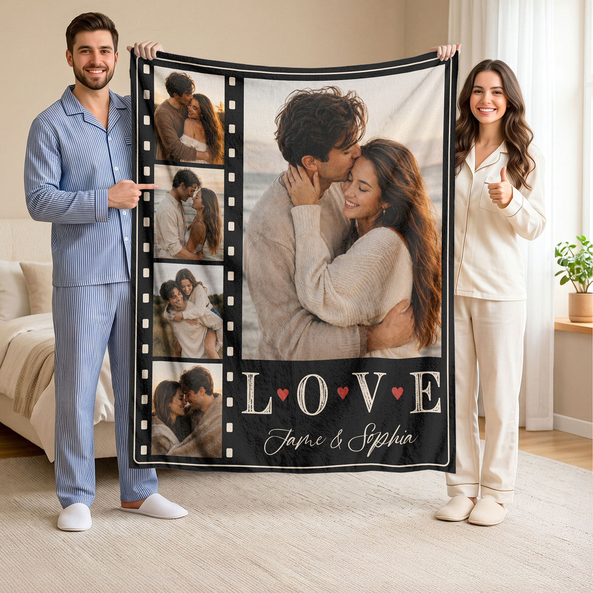 Custom Couple Photo Blanket Picture Collage Film Strip Soft Fleece Throw Anniversary Gift