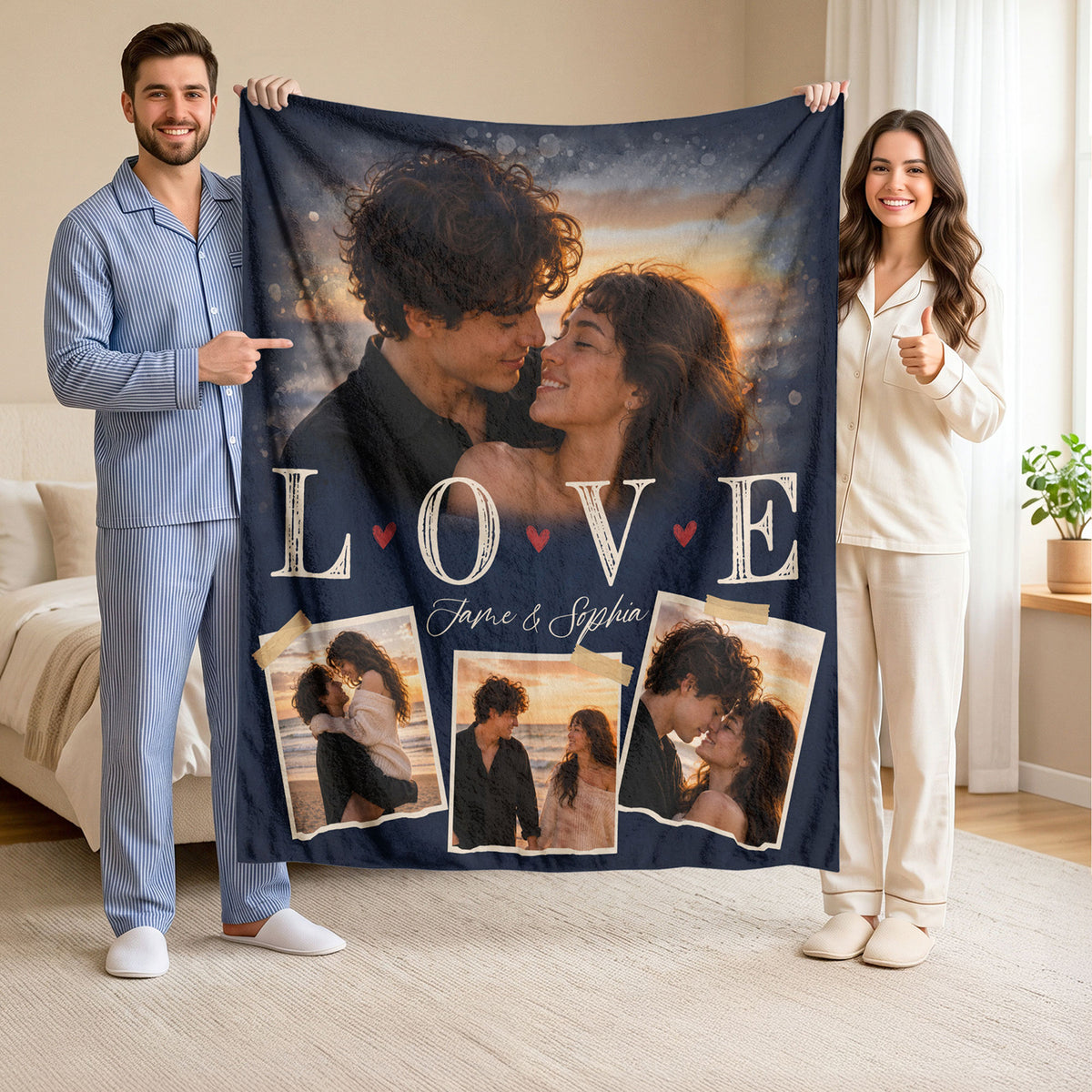 Custom Couple Photo Blanket Picture Collage Love Names Soft Fleece Throw Anniversary Gift