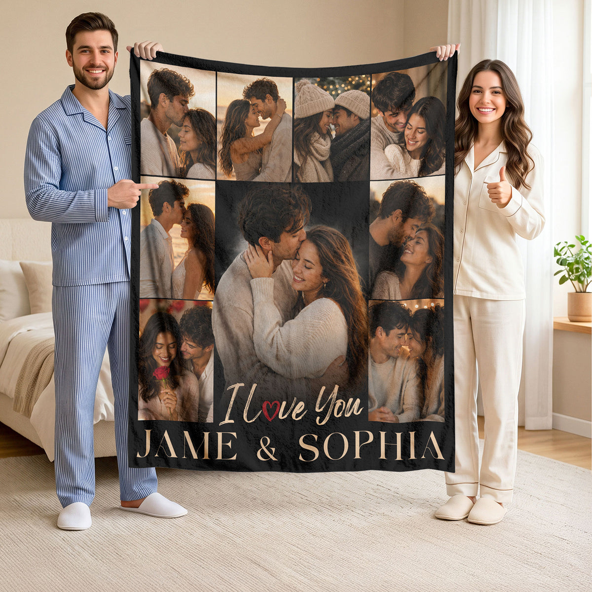 Custom Photo Blanket Collage Couple Names I Love You Soft Fleece Throw Romantic Love Gift