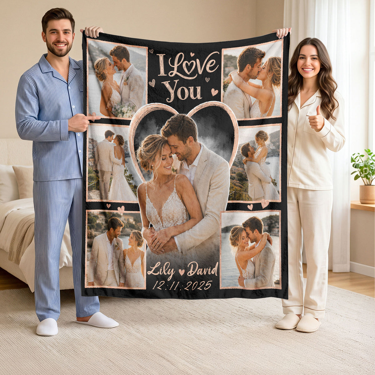 Custom Photo Blanket Collage Couple Names Date Heart Soft Fleece Throw Romantic Wedding